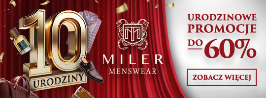 Miler DPD Banner pod rotatorem logo złote 10 urodziny, latające buty, koszule i perfumy, czerwona kotara odsłoniająca w połowie biale tło